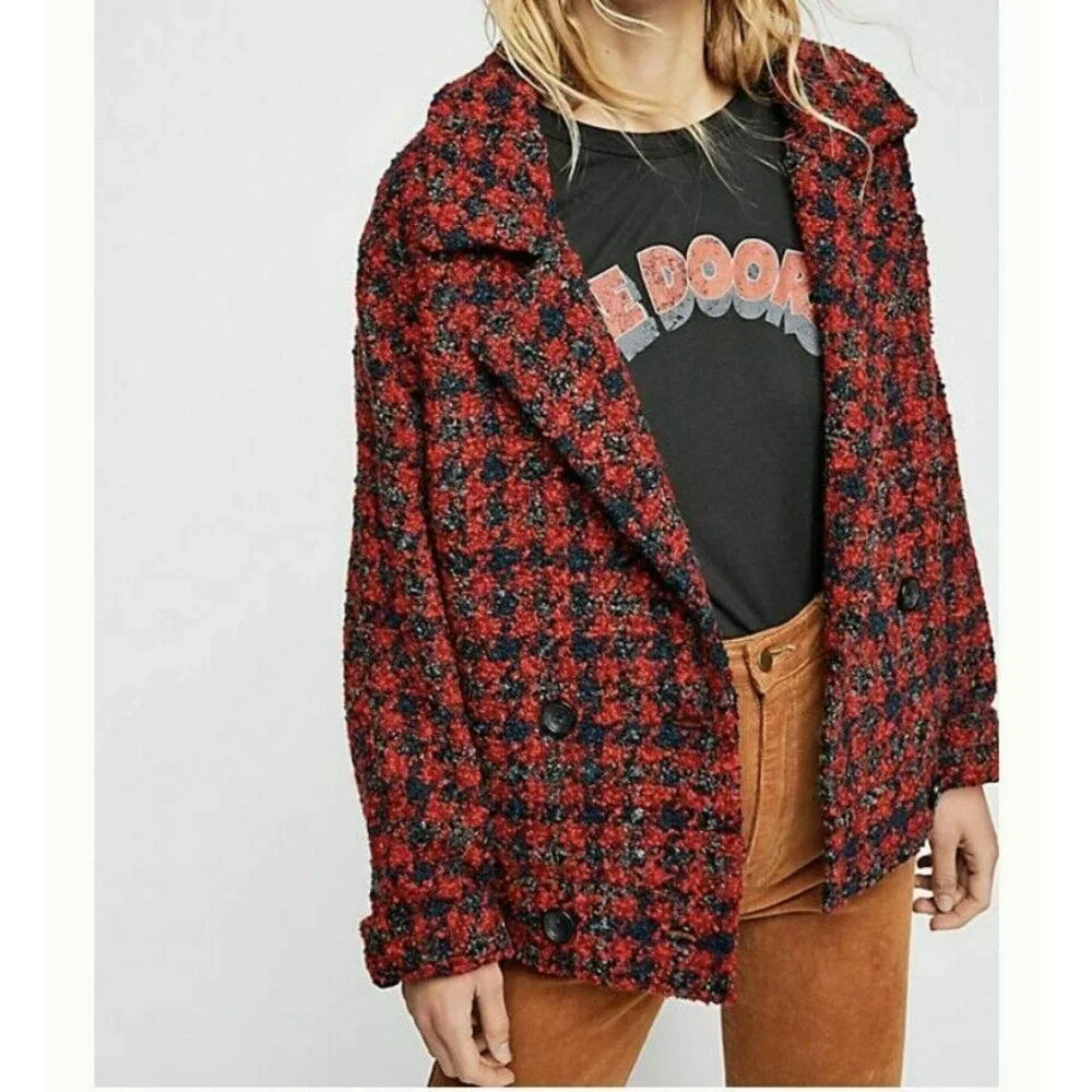 $348 FREE PEOPLE boucle baby tweed red coat S worn 3 times - Picture 1 of 7